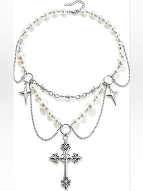 Layered Gothic Faux Pearl Silver Cross Necklace Multi Strand Adjustable